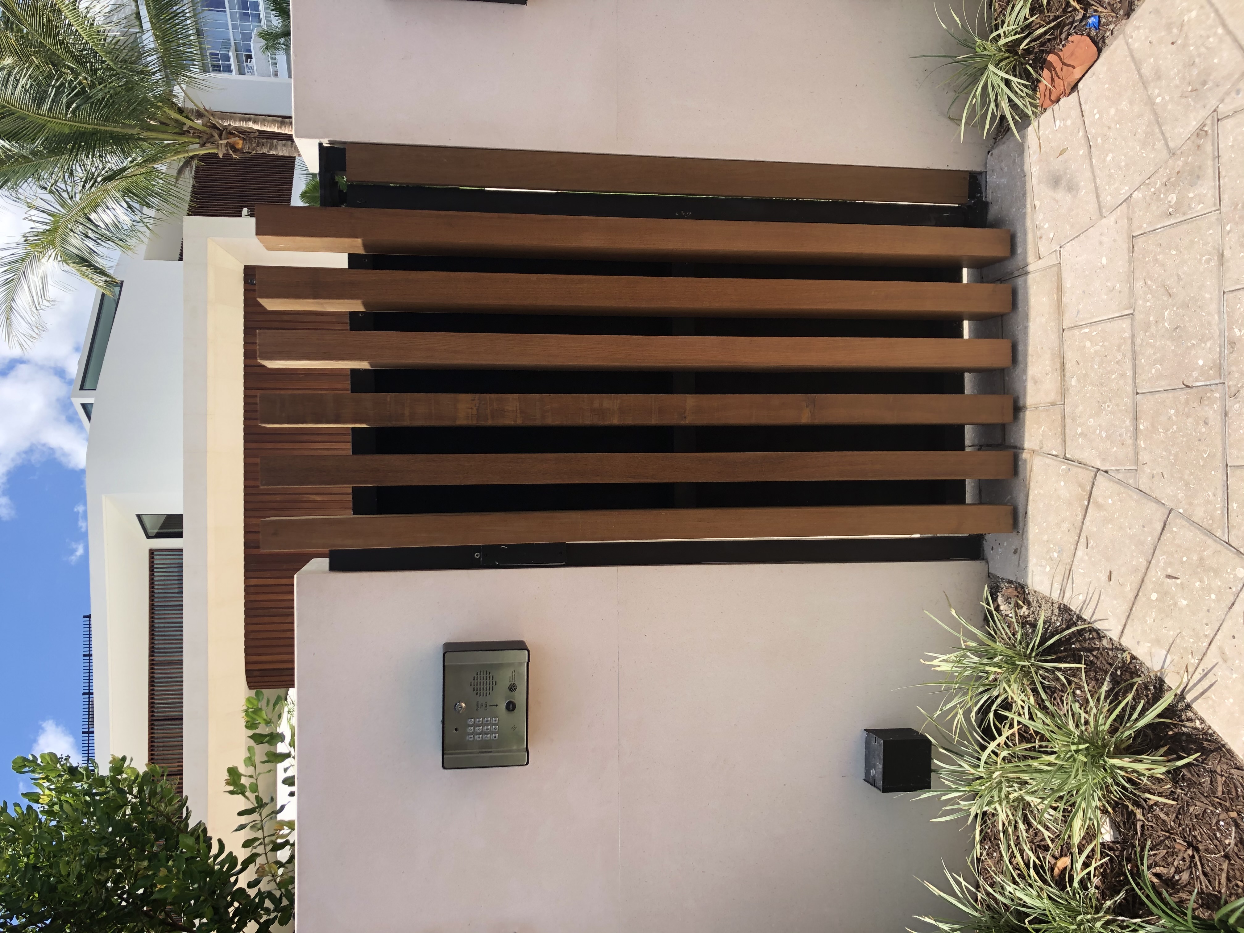 Wood-Tone Horizontal Slat Pedestrian Gate with Intercom